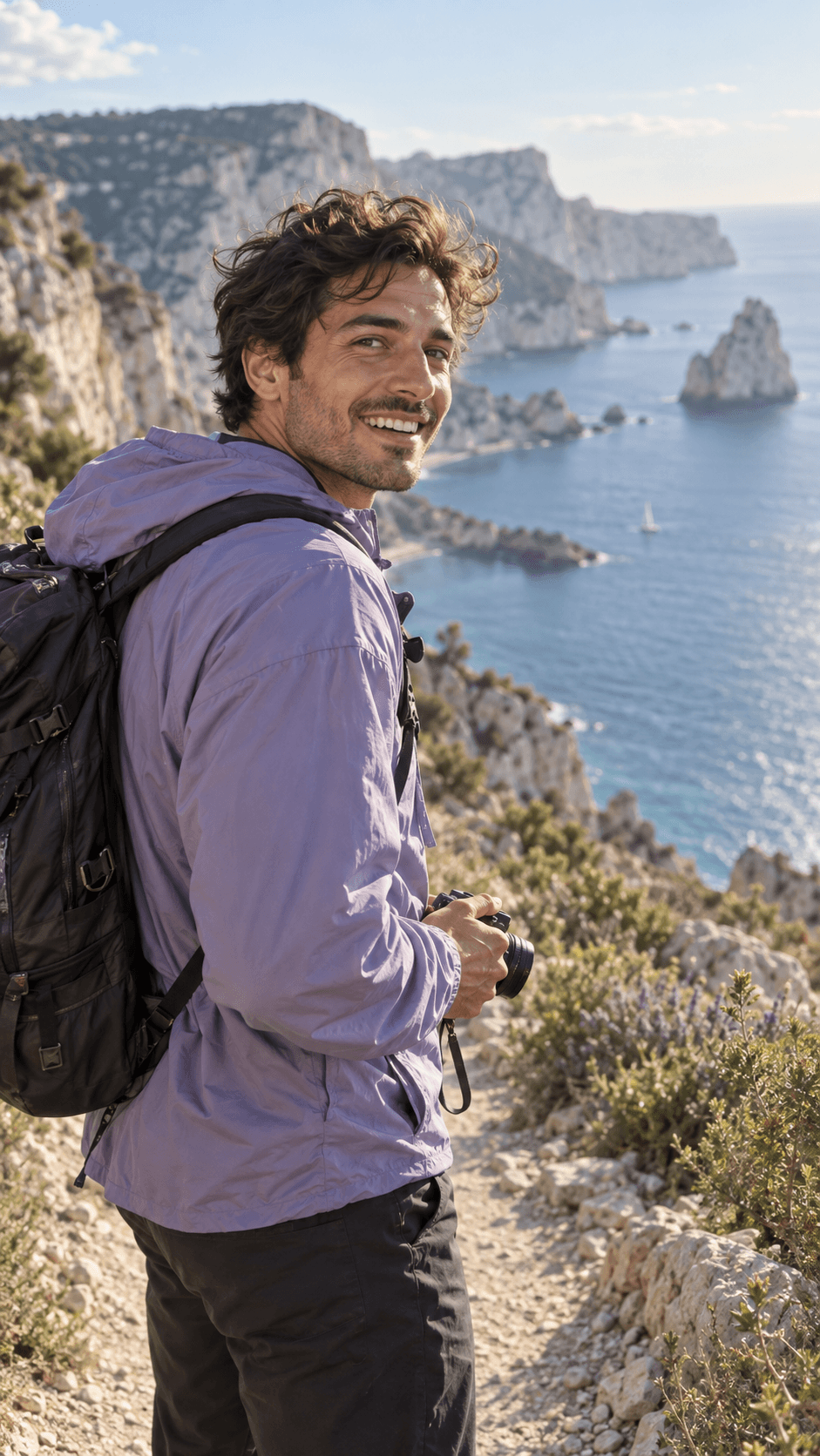 Illustrative traveller overlooking a sunlit coastline